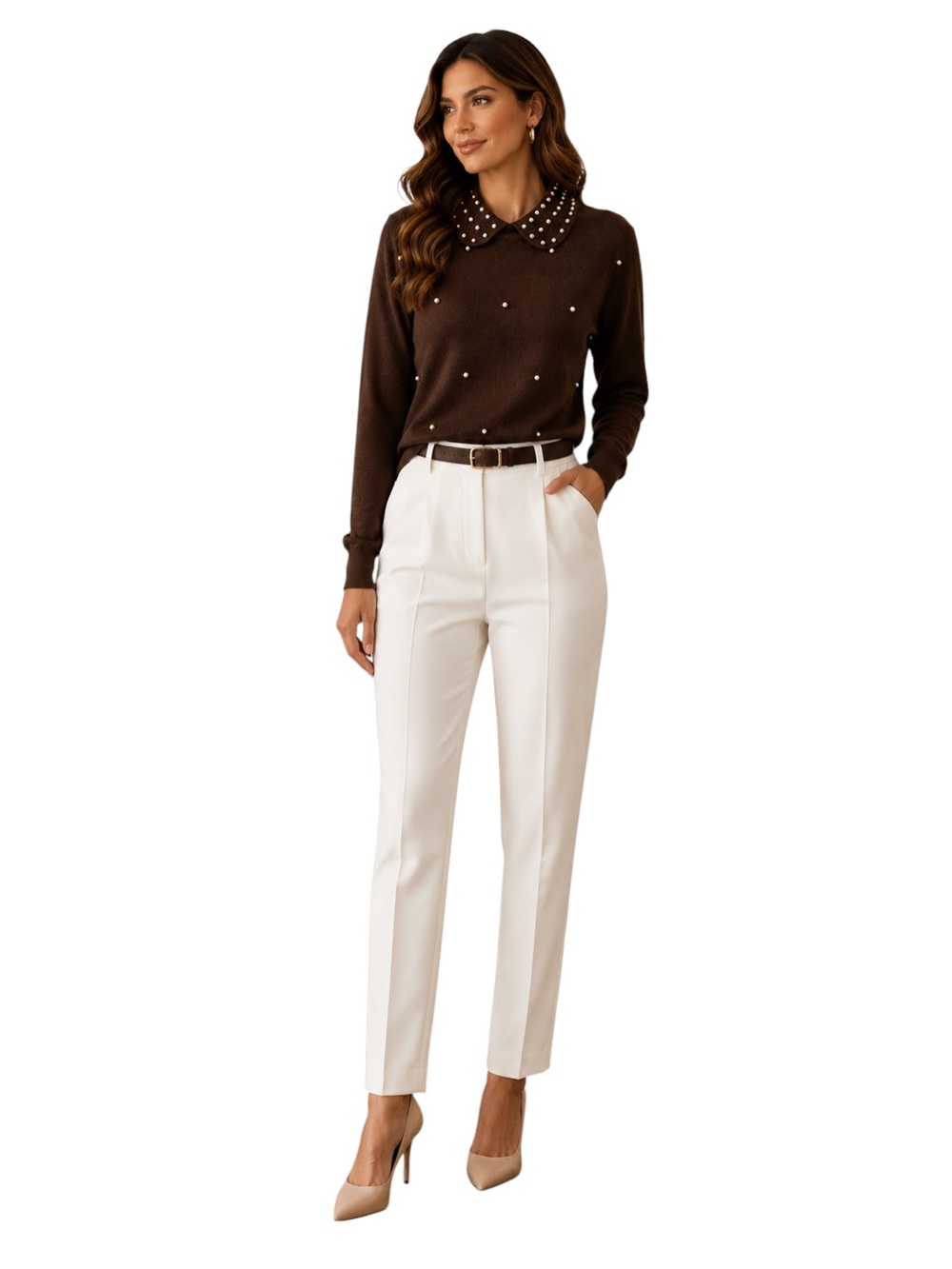 NWT La Vila Milano Pearl Peter Pan Collar Knit Sweater Brown Medium Preppy